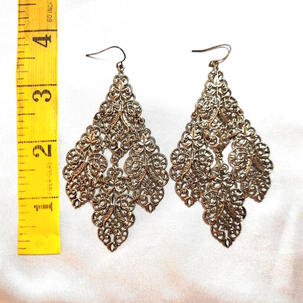 Vtg 3.5" Filigree Pierced Earrings Goldtone Dangle Etruscan Victorian Revival